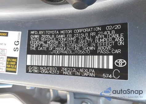 2020 Toyota Corolla Le from USA, damaged, VIN JTDEPRAE0LJ105670